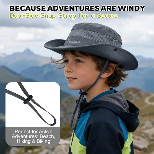 Vista 6 de Sombrero de sol para niños con protección solar UPF 50+, sombrero de pescador para niños y niñas, ala ancha, verano, playa, pesca, safari, sombrero