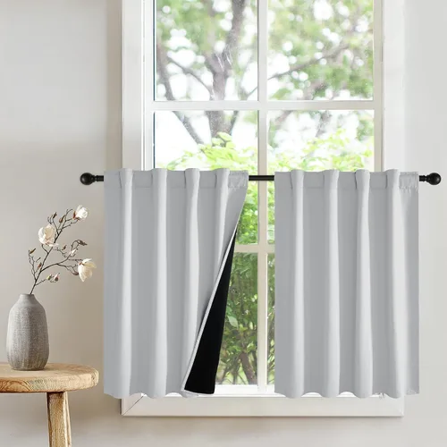 Vista 14 de PONY DANCE Cortinas opacas 100% cortas de 24 pulgadas de largo, medias cortinas con aislamiento térmico para ventanas pequeñas con parte trasera
