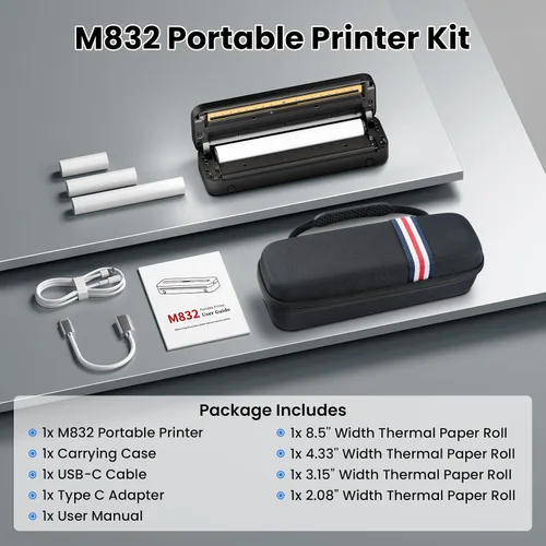 Vista 7 de Phomemo Impresoras Portátiles Inalámbricas para Viajes, M832 Impresora Térmica Bluetooth Sin Tinta Compatible con 8.5'' x 11'' Carta de EE.UU.