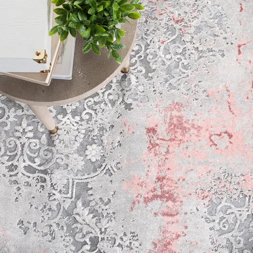 Vista 5 de SAFAVIEH Meadow Collection - Alfombra decorativa de 2 x 5 pies, gris claro y rosa, diseño abstracto moderno, no desprende pelusa y de fácil cuidado
