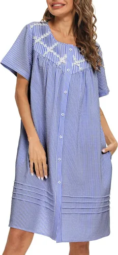 Vista 3 de AVIIER Vestido de casa para mujer, manga corta, abrigo de casa, bata con botones, ropa de dormir S-XXL