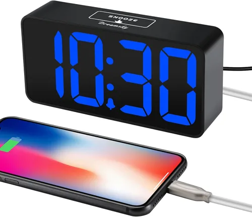 Vista 4 de DreamSky - Reloj despertador digital pequeño para dormitorio con números grandes Electric Bedside Desk Clock with USB Charging Port, Brightness