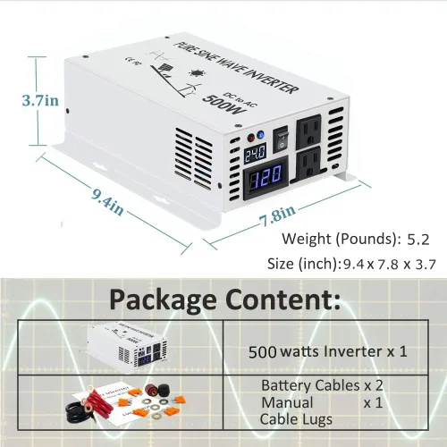 Vista 6 de WZRELB Inversor de corriente solar pura de onda sinusoidal 500w 24v DC a 120v AC 60hz