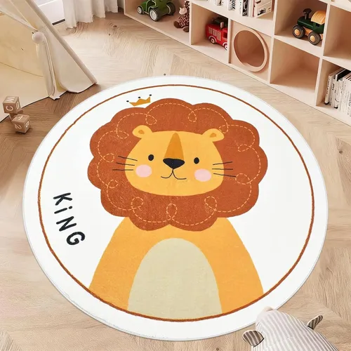 Vista 8 de ABREEZE Alfombra de juego de lana sintética para niños, 4 pies, alfombra redonda de animales, alfombra de felpa suave antideslizante para León