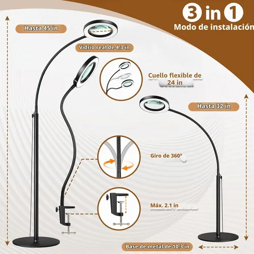 Vista 6 de Lupa 10X con luz y soporte, lámpara de pie flexible de cuello de cisne de 24 pulgadas, LED 3 en 1, 5 modos de color, lupa iluminada regulable sin