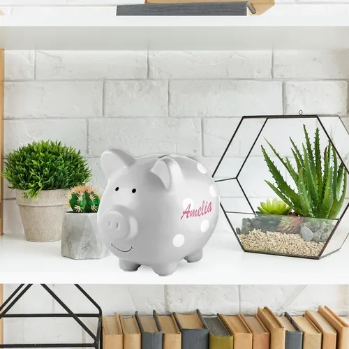 Vista 7 de Alcancía personalizada para niños, alcancía personalizada de cerámica de tamaño perfecto con soportes de goma, caja de dinero de cerdo con nombre