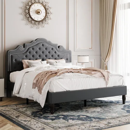 Vista 13 de Allewie Base de cama tamaño completo con cabecero de tiara de terciopelo ajustable, cama plataforma tapizada con botones de diamante capitoné Negro