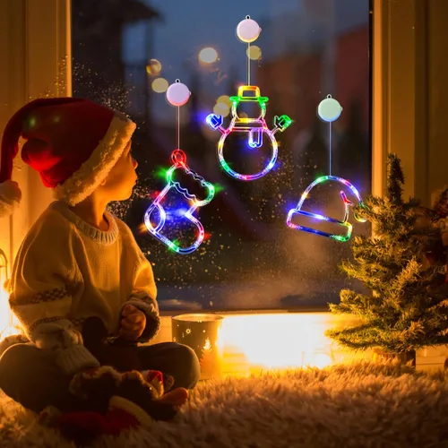 Vista 2 de LOLStar Luces de ventana de Navidad, paquete de 3 medias de Navidad multicolor, muñeco de nieve, luces de sombrero de Papá Noel con ventosa, función