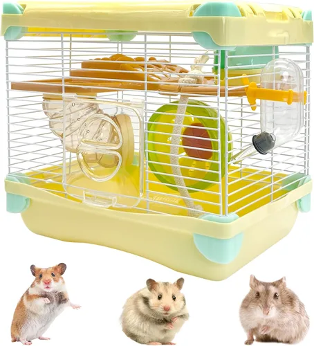 Vista 8 de Hamiledyi Jaula portátil para hámster de 2 niveles, hábitat de hámster enano, jaula de viaje para animales pequeños con rueda de ejercicio, recinto