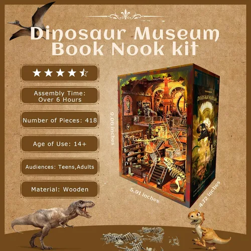 Vista 2 de Kit de Rincón de Libros para Adultos - Museo de Dinosaurios DIY Booknook, Rompecabezas de Casa de Muñecas de Madera 3D con Luces LED, Decoración