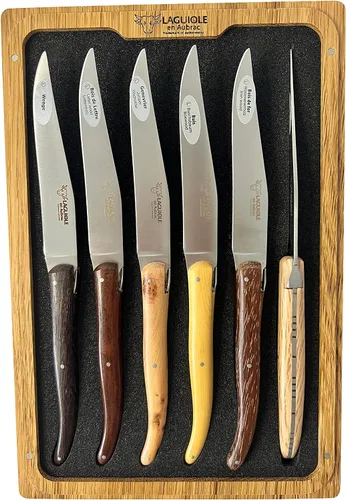 Vista 6 de Laguiole en Aubrac Juego de 6 cuchillos de carne de acero inoxidable mate totalmente forjados con asas de madera mixta