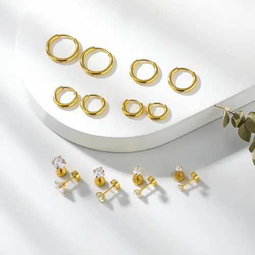Vista 3 de Juego de aretes Huggie de 0.236 in, 0.315 in, 0.394 in y 0.472 in, hipoalergénicos, pequeños aretes de aro con circonita cúbica para mujeres