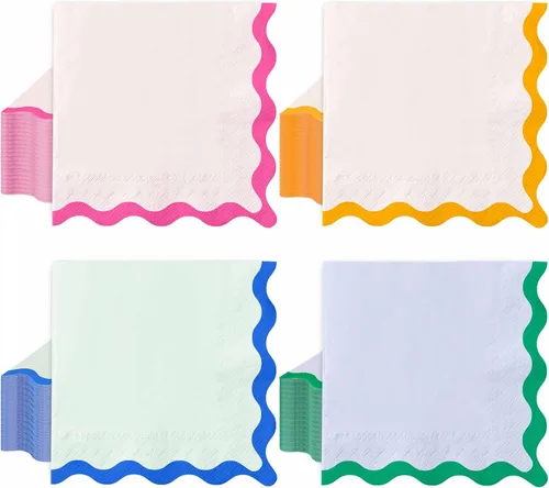 Vista 9 de Whaline 100 servilletas de papel festoneado azul, verde, rosa, amarillo, servilletas de almuerzo, desechables, decorativas, para postres, cenas