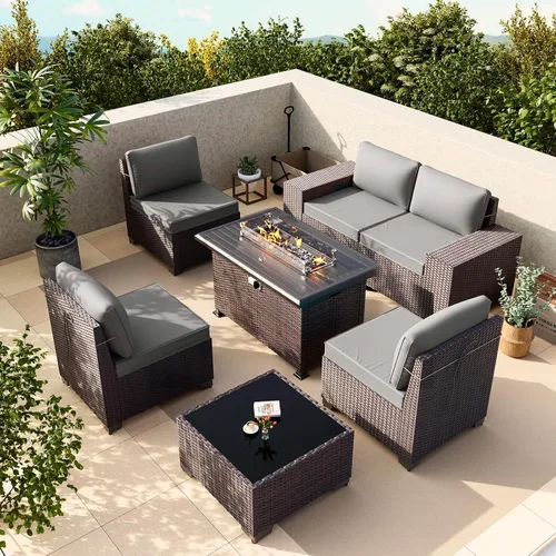 Vista 26 de Gotland Juego de muebles de patio de 6 piezas con 1 mesa auxiliar, 5 plazas de ratán seccional para exteriores con reposabrazos anchos de 29.5 Gris
