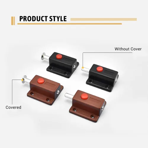 Vista 5 de MroMax Pestillo de perno de puerta con resorte, cierre deslizante de plástico ABS negro con botón de interruptor para puerta, gabinete, accesorios