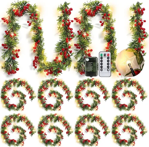 Vista 8 de Duraaamo 5 piezas de guirnalda de Navidad preiluminada con luces de estrella de 1,8 m, 20 luces LED, guirnalda de acebo con bayas rojas, funciona