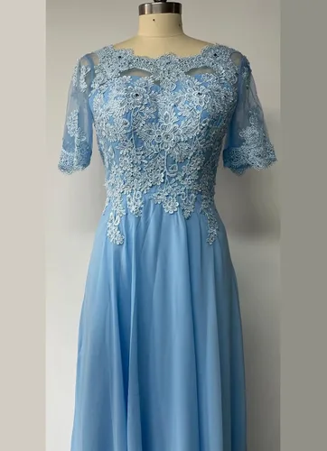 Vista 6 de Vestido formal de gasa de manga corta con apliques de encaje para mujer