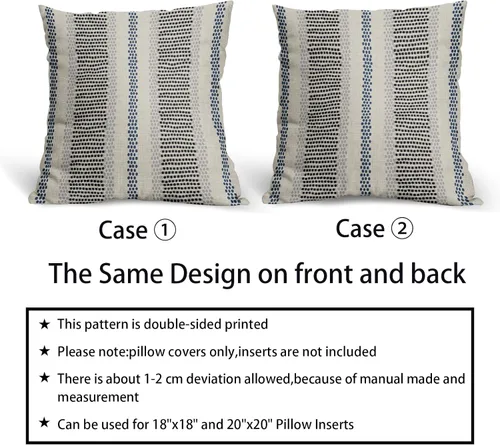 Vista 6 de Juego de 2 fundas de almohada negras y azules con rayas de puntos grises, decorativas para exteriores, estilo boho rústico, para sofá, cama, cojín
