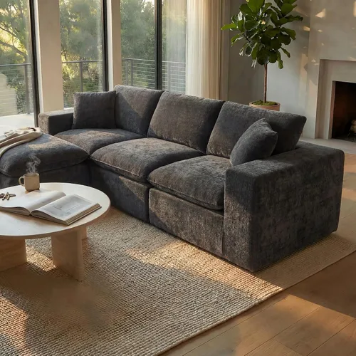 Vista 5 de Sofá nube modular en forma de L de 110 pulgadas con otomana móvil, cómodo sofá de 4 asientos de chenilla sin hueso con asiento profundo para sala