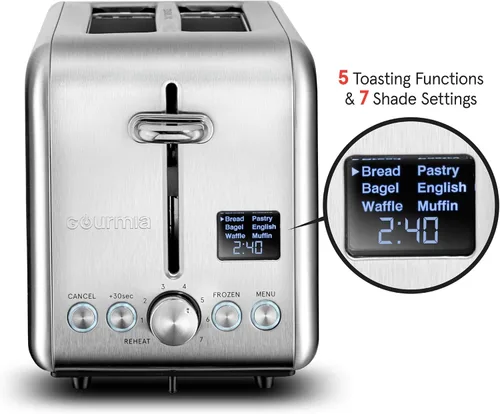 Vista 5 de Gourmia Tostadora digital – Capacidad de 2 rebanadas con pantalla LED, 5 funciones de tostado (pan, bagel, gofre, pastelería, magdalena inglesa), 7