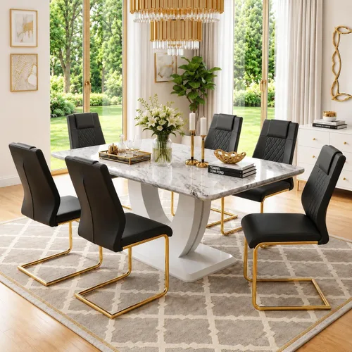 Vista 58 de JUFU Juego de mesa de comedor moderno para 4, juego de mesa de cocina rectangular de 63 pulgadas con mesa de mármol sintético y 4 sillas tapizadas