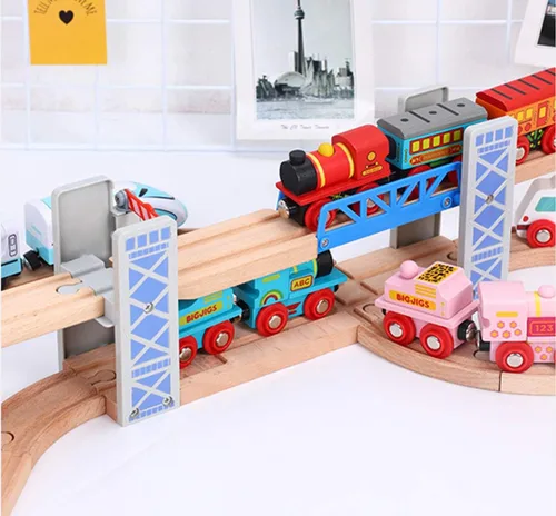 Vista 3 de Juego de accesorios de tren de madera, estación de policía para vías de tren de madera, compatible con todos los ferrocarriles de madera