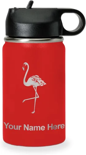 Vista 13 de LaserGram Botella de agua personalizada, flamenco, acero inoxidable de doble pared aislada al vacío con popote superior, regalo grabado