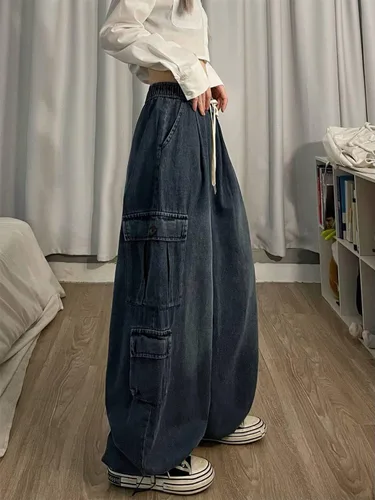 Vista 3 de Pantalones de mezclilla holgados Grunge Y2K Emo Alt Cargo Pant Fairycore Demin Aesthetic Jogger Pantalones de chándal Hiphop Cordón Streetwear