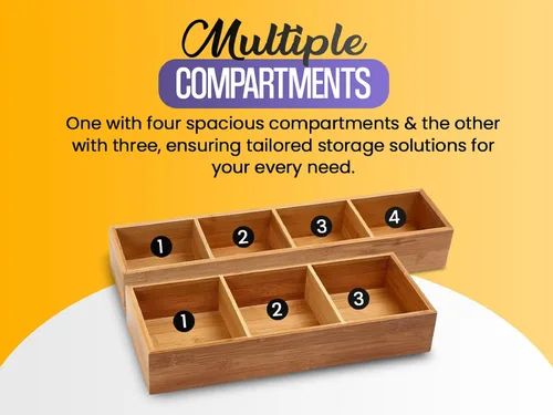 Vista 8 de YBM HOME Caja organizadora de cajones de bambú con 3 compartimentos, almacenamiento multiusos para cajón de basura, oficina, hogar, cocina
