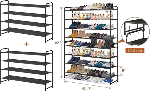Vista 5 de KIMBORA Zapatero largo de 4 niveles para el piso del armario, estante ancho para zapatos, organizador de almacenamiento de 30 pares apilables, Negro
