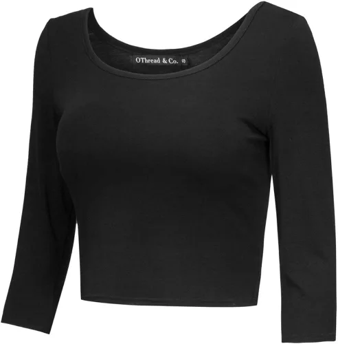 Vista 2 de OThread Co Camiseta corta básica elástica con cuello redondo y manga 34 para mujer