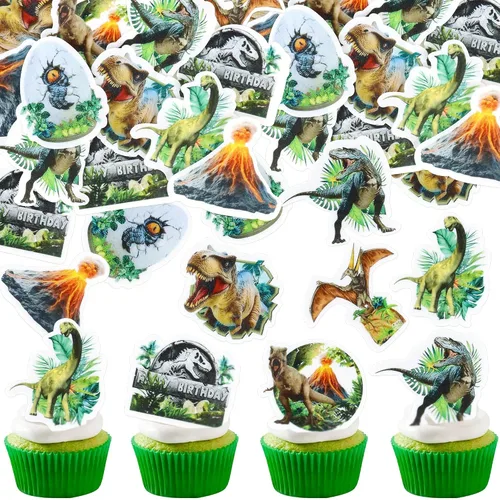 Vista 17 de Ercadio 40 piezas comestibles de dibujos animados de dinosaurios para cupcakes para bebida, decoración de tartas para temática de dinosaurios, baby