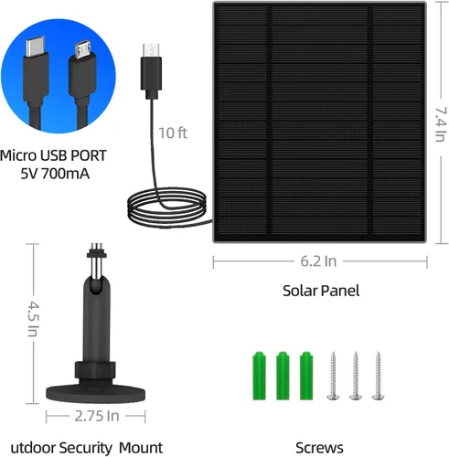 Vista 5 de Panel solar de 5 W para cámara de seguridad, panel solar con puerto micro USB y USB-C para cámara de batería recargable de 5 V CC al aire libre