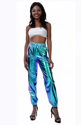 Vista 4 de SIAEAMRG - Pantalones deportivos de cintura alta para mujer brillantes metálicos elásticos con aspecto mojado estilo hip hop para club holográficos
