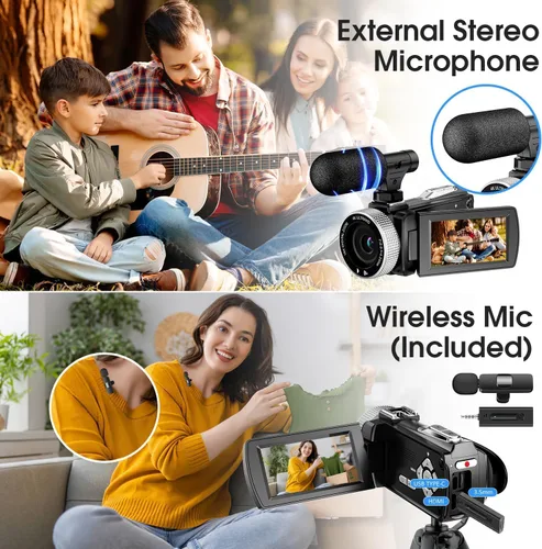 Vista 2 de Videocámara de cámara de video 4K Ultra HD, grabadora digital de 48 MP con micrófono inalámbrico Lavalier, zoom digital 18X, control remoto, tarjeta