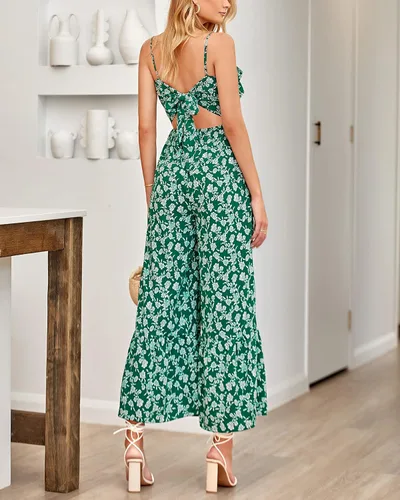 Vista 9 de Prettygrden - Overol casual de verano para mujer, con volantes, cuello cuadrado, lazo en la espalda, cintura alta, bohemio, floral, pierna ancha