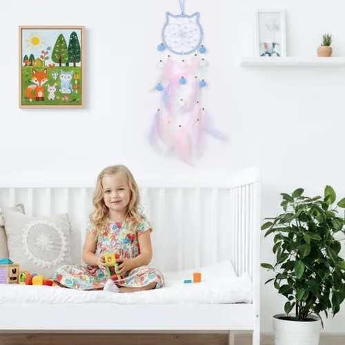 Vista 4 de Pretty Jolly - Atrapasueños azul de gato para niños, decoración de pared con pompones y plumas, atrapasueños hecho a mano para niños, decoración