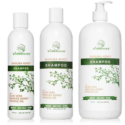 Vista 7 de Wild Naturals Champú de miel de Manuka para eczema y psoriasis, hidratante sin sulfatos con aloe vera y aceite de coco, champú hidratante para cuero