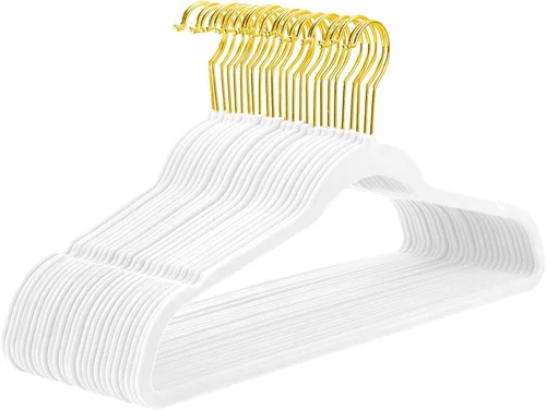 Vista 24 de MIZGI Paquete de 30 perchas de terciopelo de alta calidad, resistentes, antideslizantes, delgadas, perchas de terciopelo negro, ganchos dorados