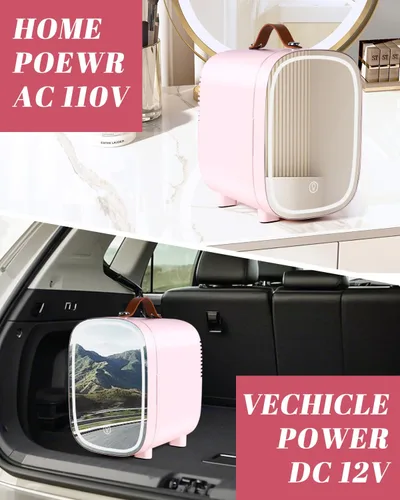 Vista 6 de Mini refrigerador para dormitorio, refrigerador de 4 litros/6 latas para el cuidado de la piel con espejo LED y asa de transporte de cuero