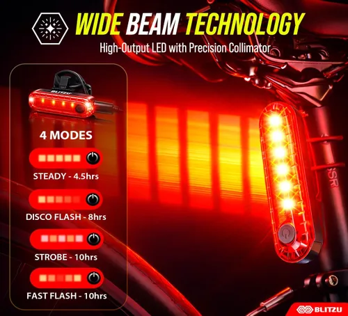 Vista 3 de BLITZU Paquete de 2 luces traseras de bicicleta recargables USB-C, accesorios brillantes para bicicleta trasera de ciclismo, accesorios