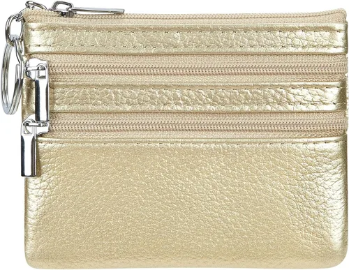 Vista 25 de Porta Monedas de Cuero Genuino para Mujer de Cynure, Mini Monedero con Llavero Beige