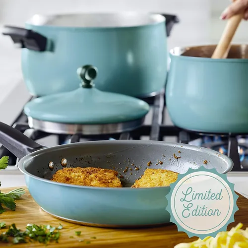 Vista 3 de Farberware Juego de 120 ollas y sartenes de acero inoxidable de edición limitada con herramientas de cocina Prestige, 10 piezas, color azul Azul