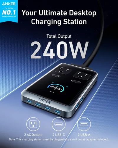 Vista 2 de Anker Estación de carga Prime, tira de alimentación 8 en 1 de 240 W, 2 CA
