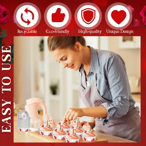 Vista 5 de Ziliny Juego de 100 moldes para pasteles en forma de corazón con tapas, mini moldes de papel de aluminio para tartas de San Valentín, 3.4 fl oz/3.4