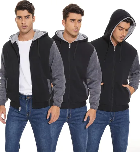 Vista 3 de JACKETOWN Sudadera con capucha de forro polar pesado para hombre, con cremallera completa, forro de sherpa, abrigo cálido de lana