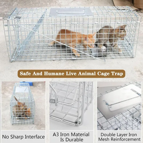 Vista 4 de Trampa de jaula de animales vivos, mapache, trampa plegable de hierro galvanizado para gatos callejeros, gatitos humanos para mapaches, gatos Plata