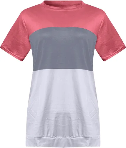 Vista 3 de Camiseta de manga corta para mujer, con bloques de color, a rayas, cuello redondo, de algodón suave, con abertura lateral, casual, holgada