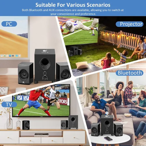 Vista 5 de Altavoces Bluetooth para computadora OROW, altavoz de PC con subwoofer, altavoces inalámbricos de 18W con perilla frontal, compatibles con AUX