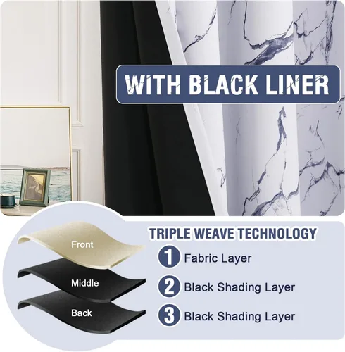 Vista 6 de H.VERSAILTEX Cortinas 100% opacas de 96 pulgadas de largo, juego de 2 paneles con diseños de mármol, cortinas térmicas para dormitorio con forro